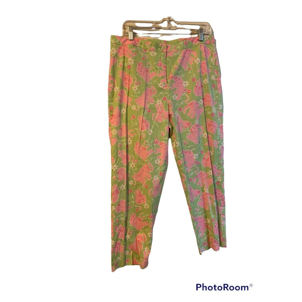 LILLY PULITZER Women’s Green Pink Elephant Floral Print Pants Size 12